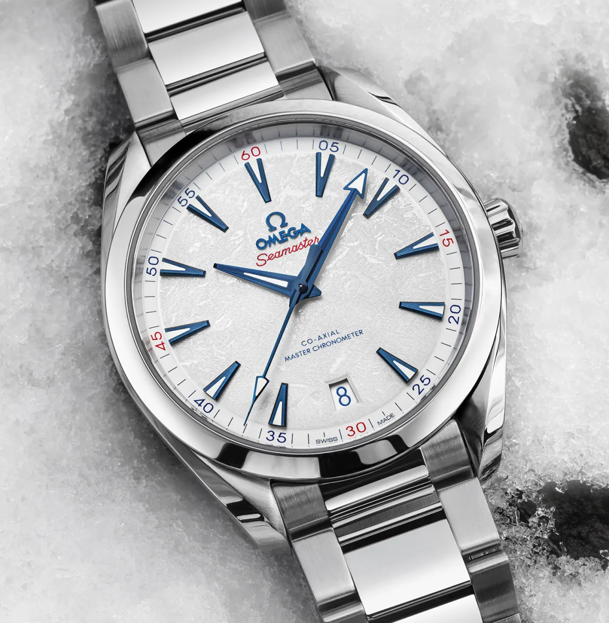 Close-up of the Omega Seamaster Aqua Terra Beijing 2022 case