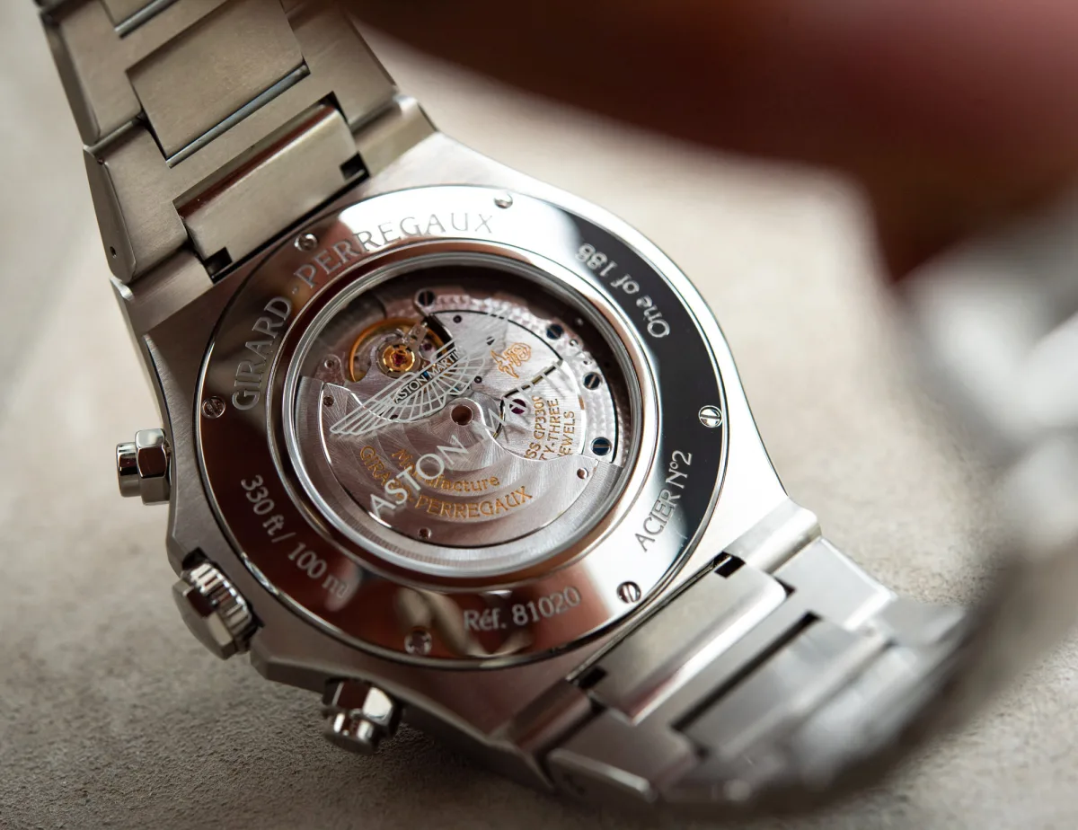Caseback engraving on Girard-Perregaux Laureato Chronograph – Aston Martin Edition