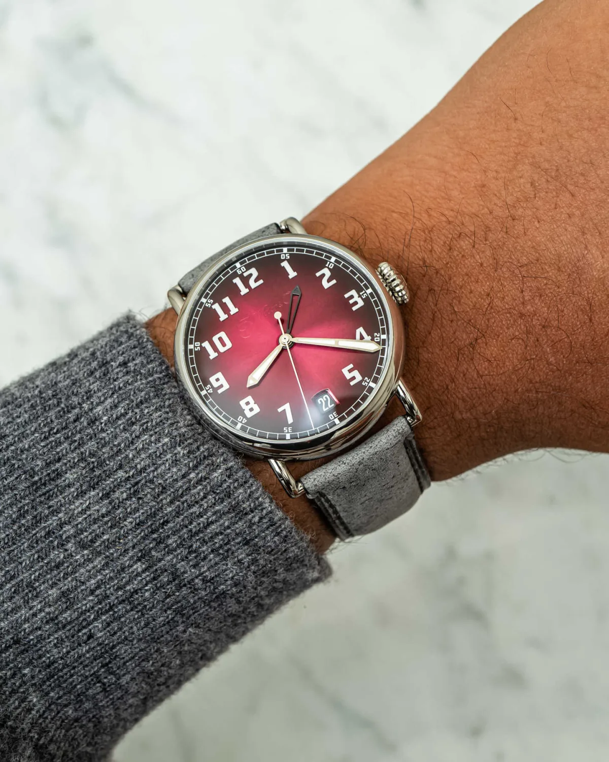 Bulbous crown of the H. Moser & Cie watch