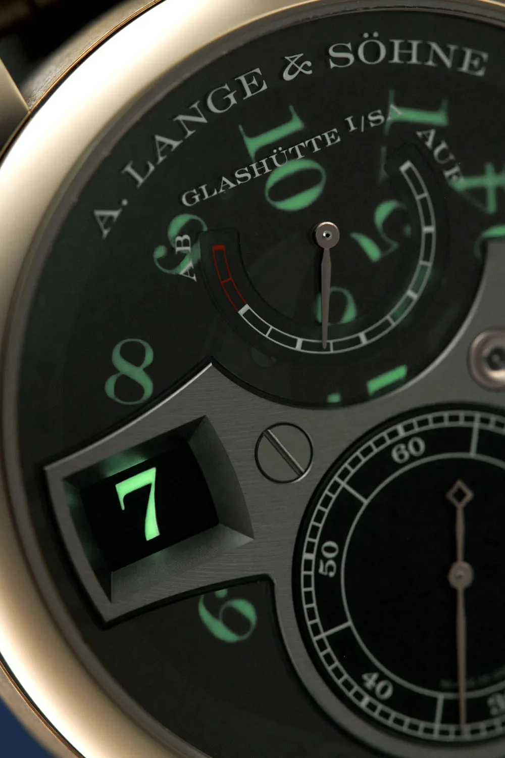 A. Lange & Söhne Zeitwerk Honeygold Lumen sapphire dial close-up