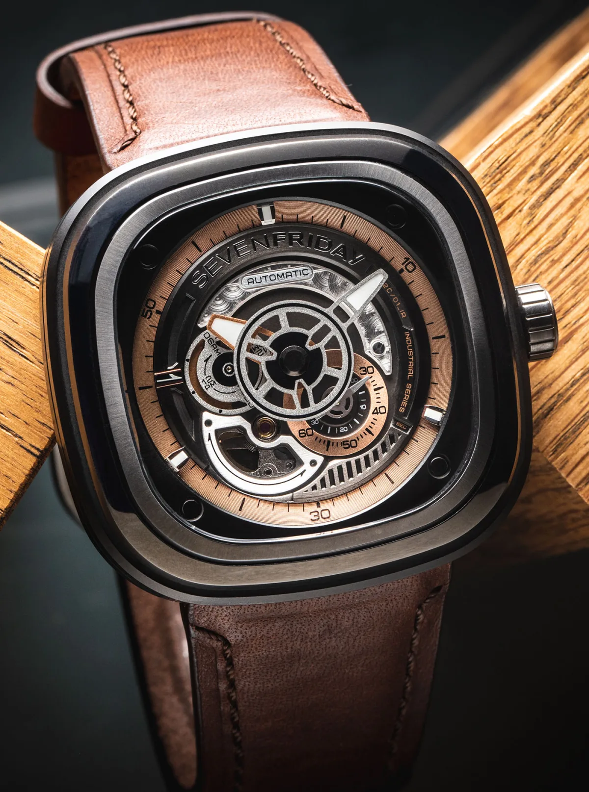 Close-up of the SevenFriday P2C/01 watch face