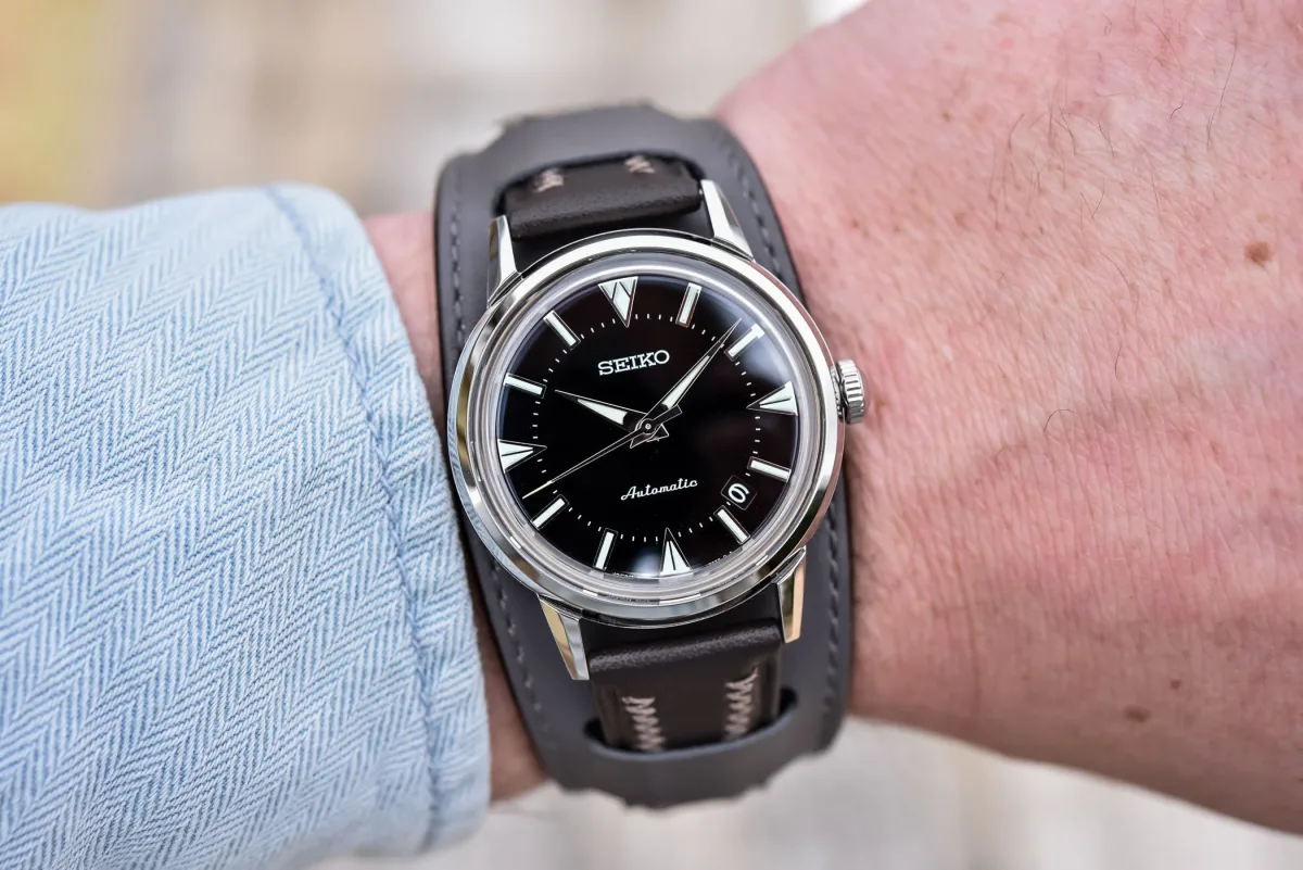 Seiko Prospex 1959 Alpinist SJE085 with black dial and leather strap