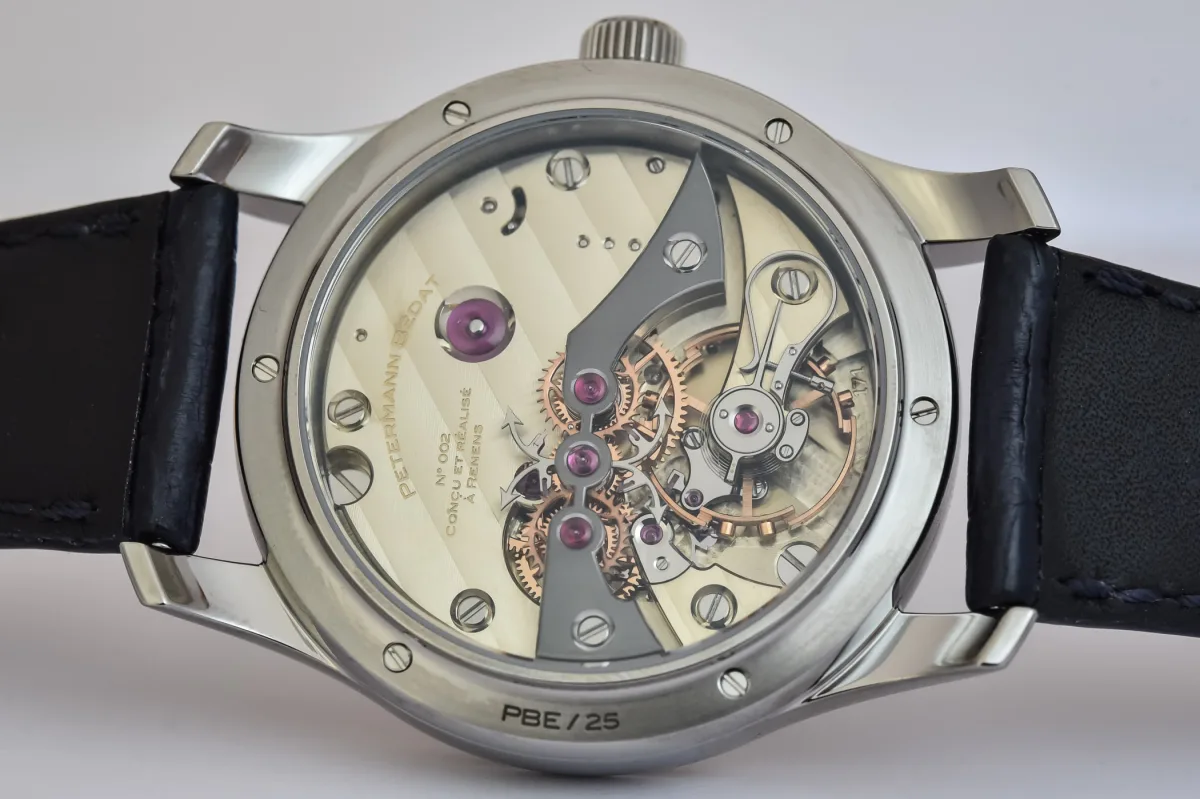 Petermann Bédat 1967 model display with skeletonized dial