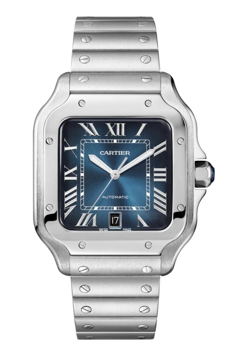 Cartier Santos Blue Sunburst square watch with blue metallic dial
