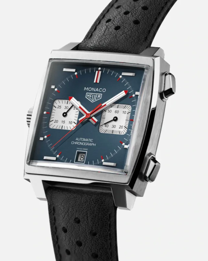 TAG Heuer Monaco square watch with blue or black metallic dial