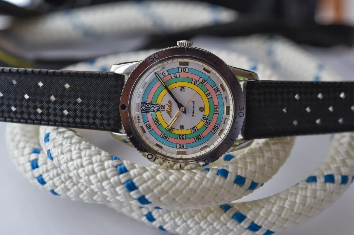 Vintage Mido Powerwind Diver 1000 with colorful dial