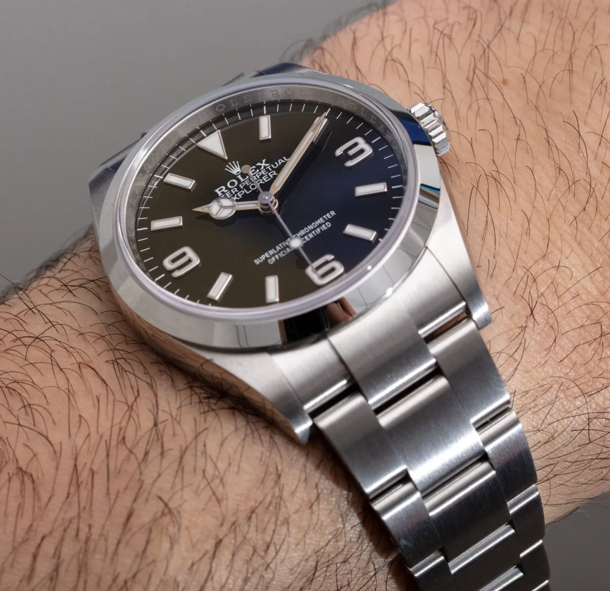 Close-up of Rolex Explorer I dial with Chromalight