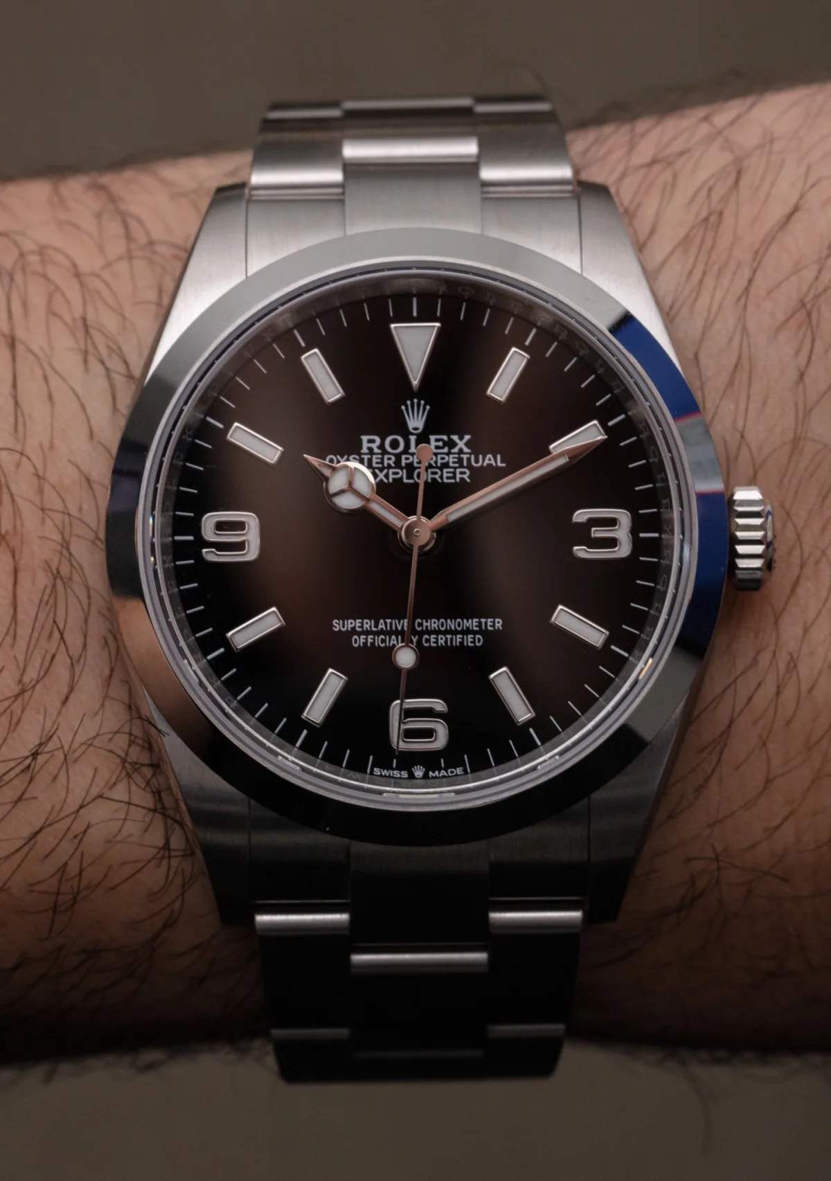 Rolex Explorer I on wrist with Oyster bracelet