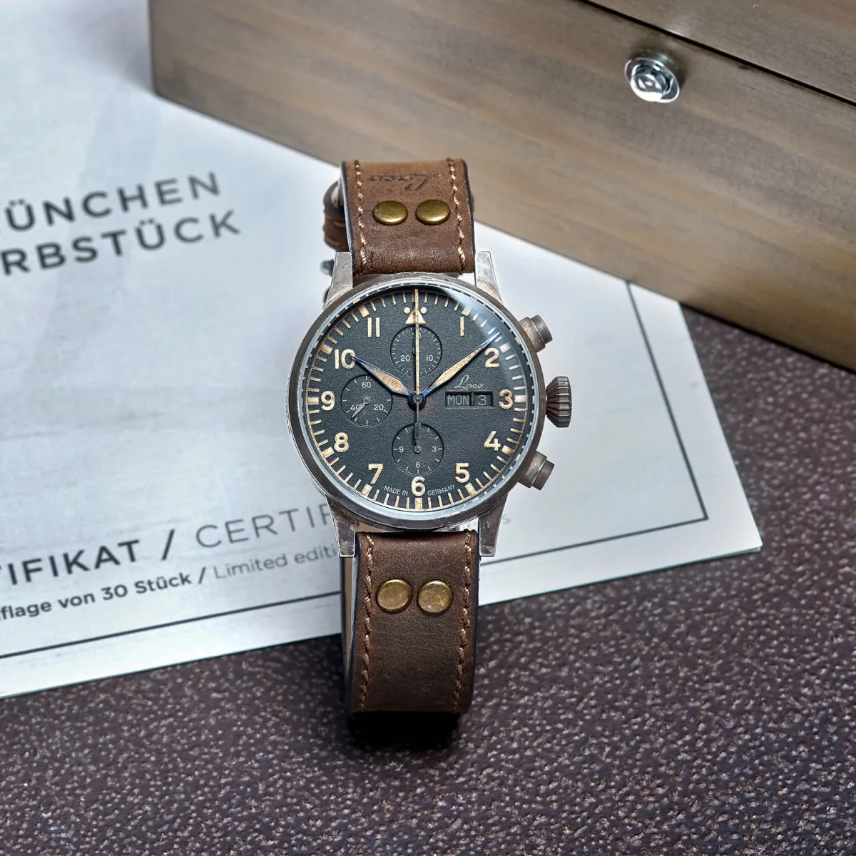 Laco Munchen Erbstuck Chronograph watch with vintage finish