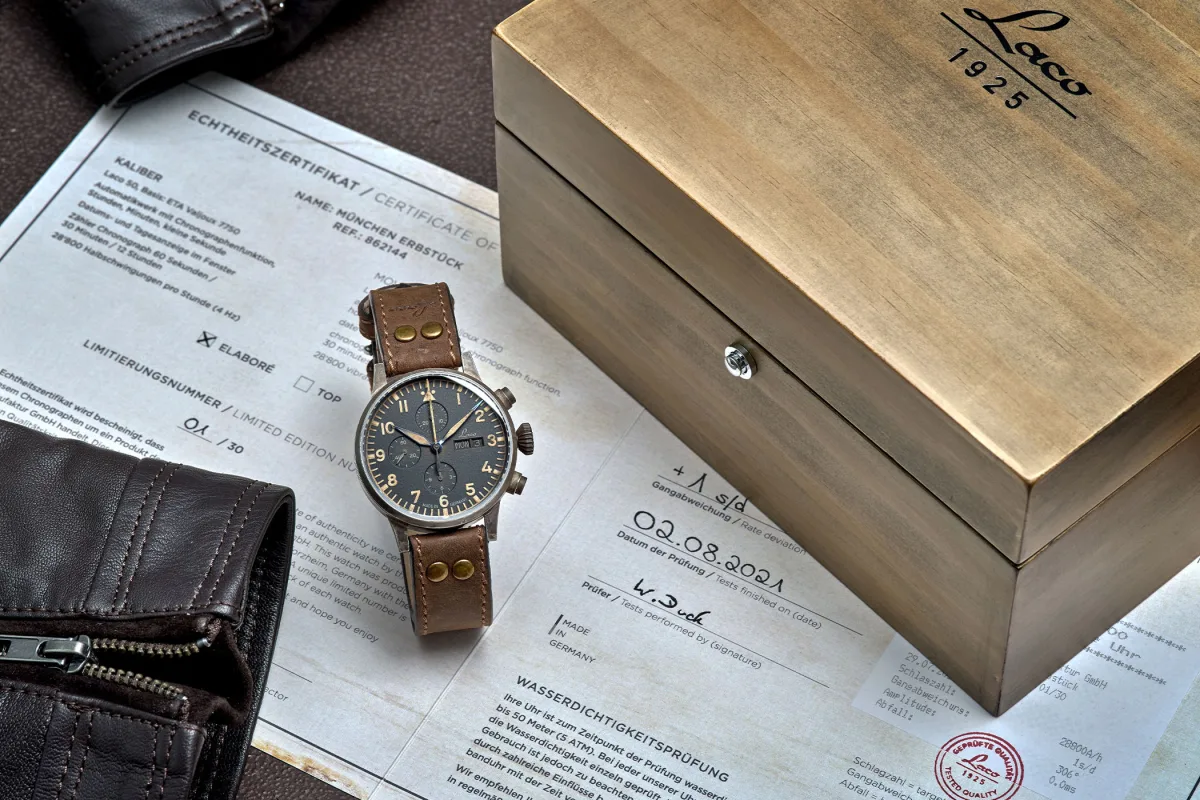 Laco Munchen Erbstuck Chronograph on aged leather strap