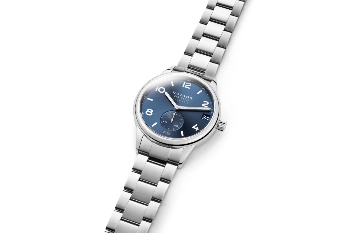 Close-up of the NOMOS Club Sport Neomatik 42 Date Blue dial