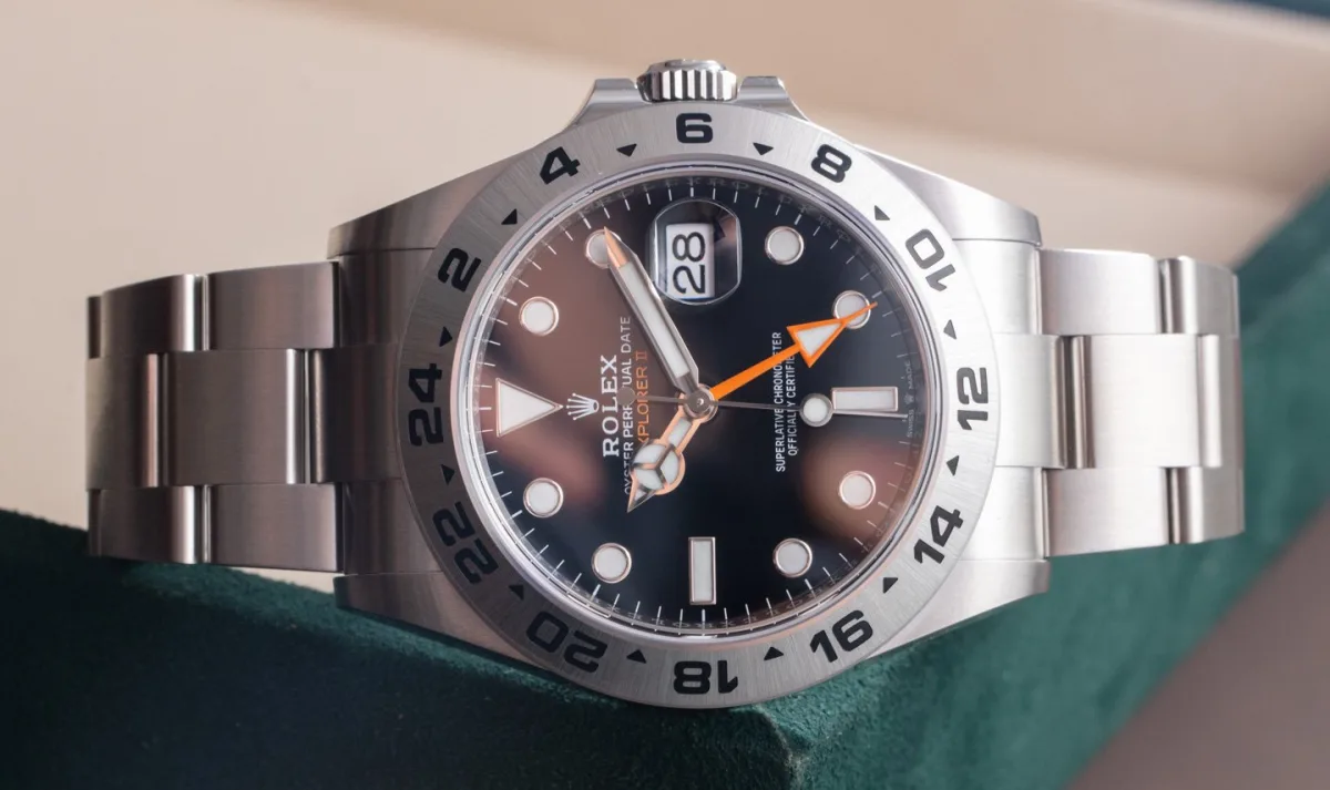 Close-up of Rolex Explorer II 226570 white dial with matte hands