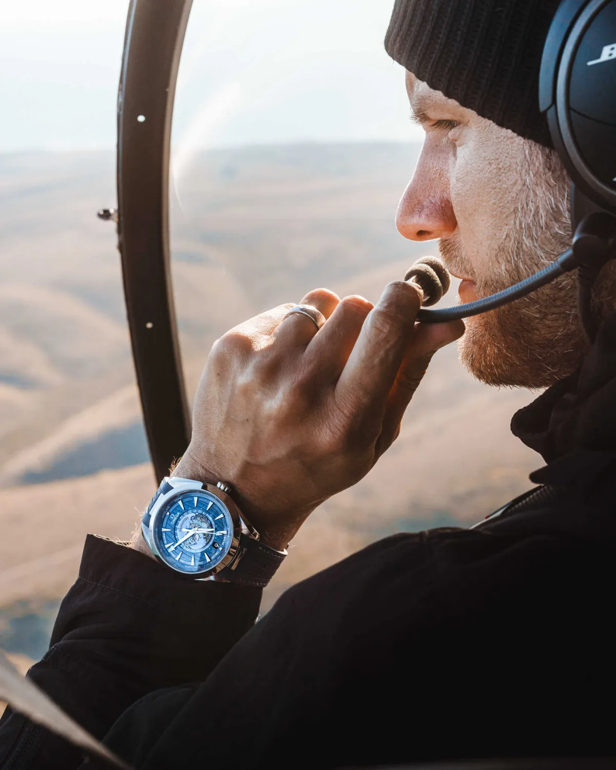 Watch hands and dial detail of Aqua Terra Worldtimer