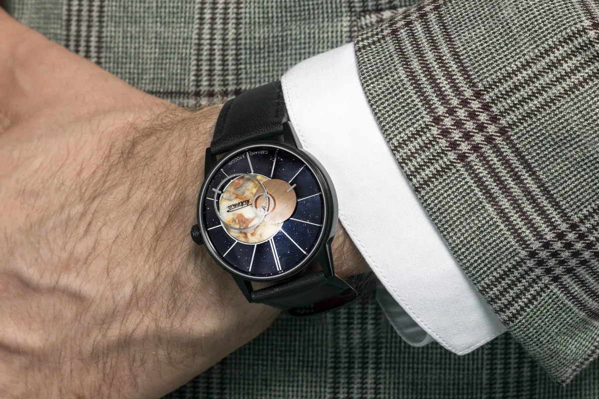 Raketa Copernicus watch face with aventurine and agate details