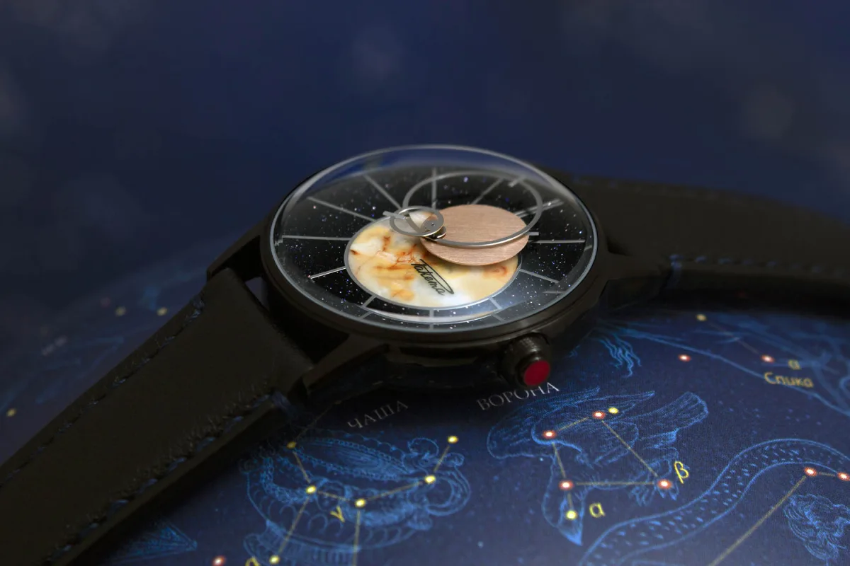 Close-up of the Raketa Copernicus dial with celestial elements