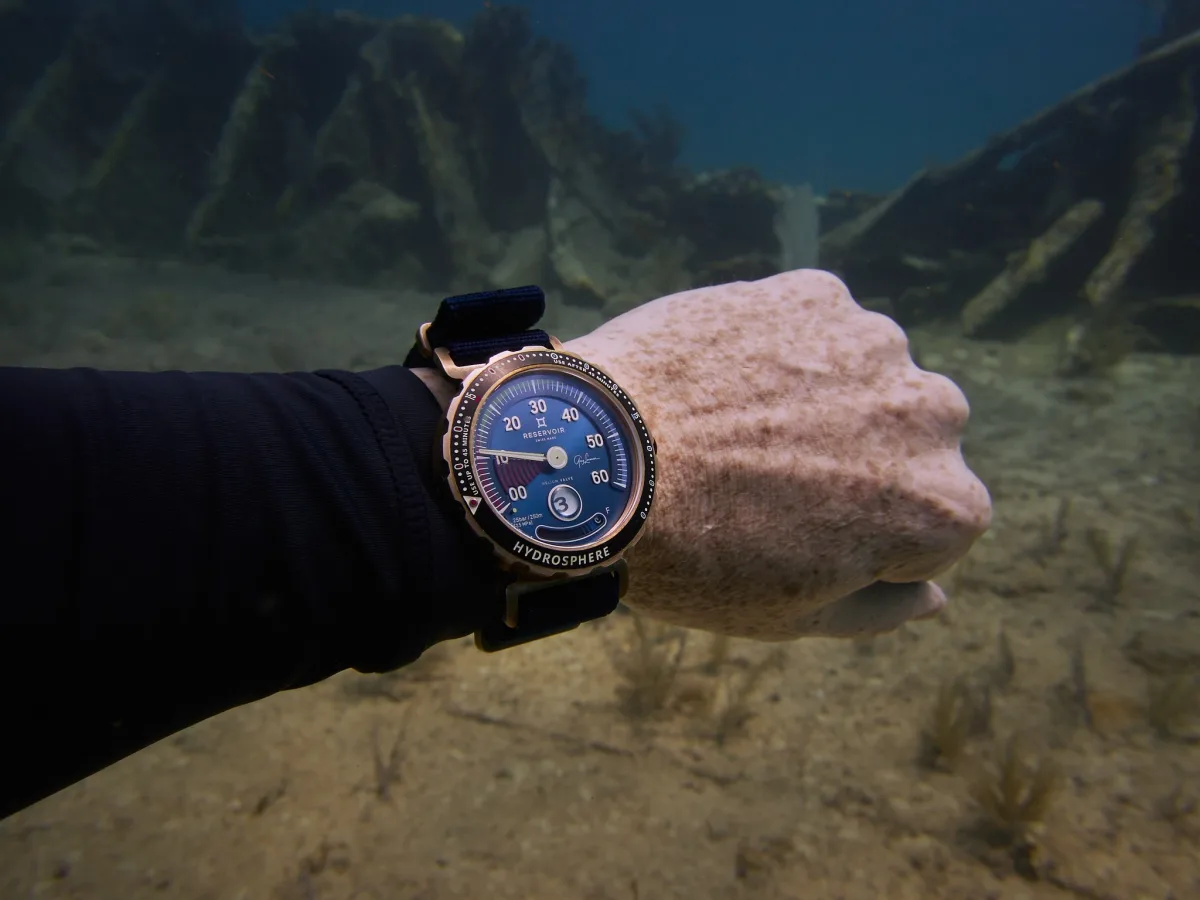 Close-up of Reservoir Hydrosphere bezel markings.