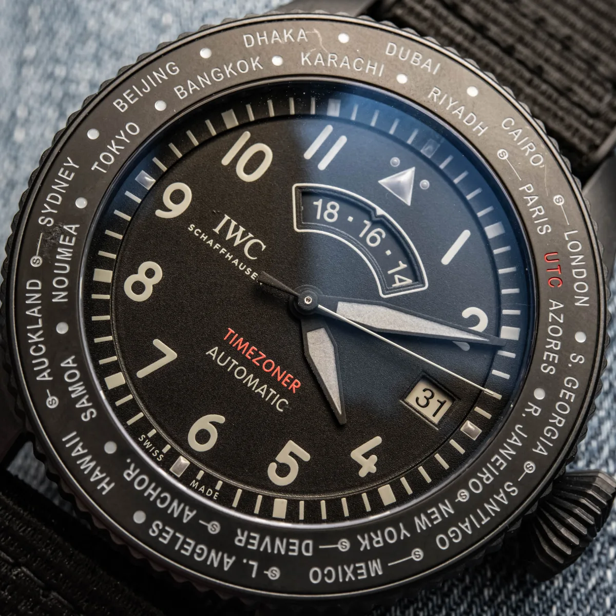Close-up of IWC Timezoner dial