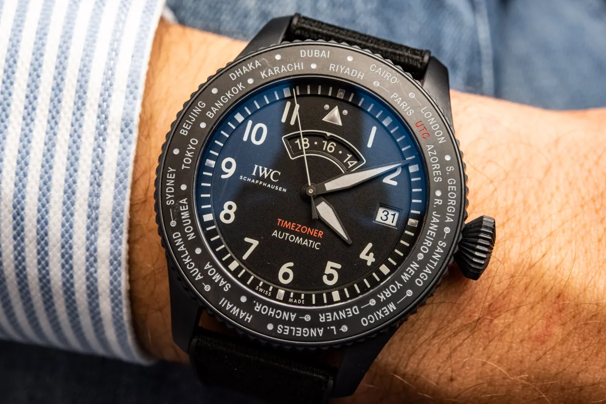 IWC Pilot’s Watch Timezoner TOP GUN Ceratanium on wrist