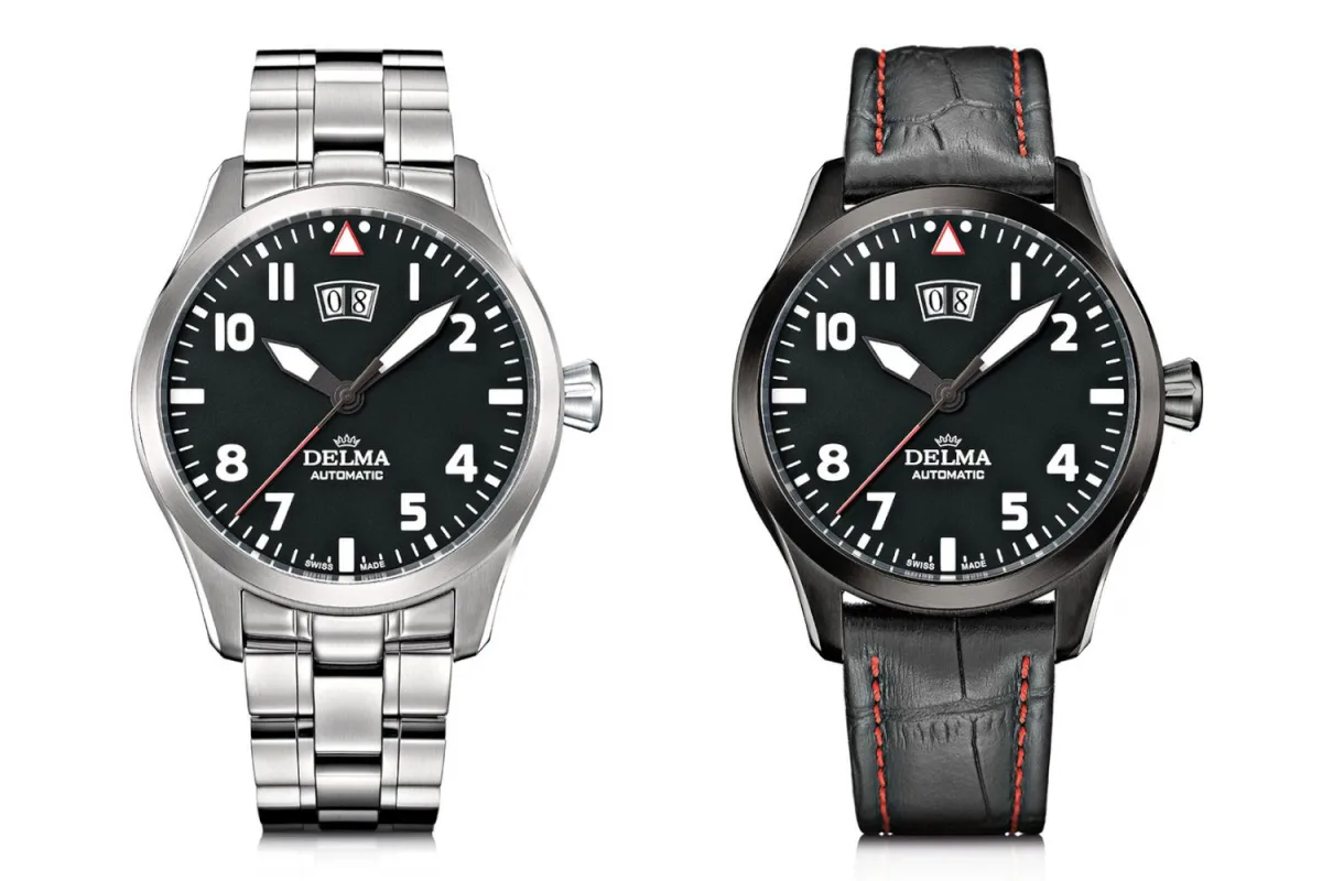 Delma Commander Big Date on black leather strap