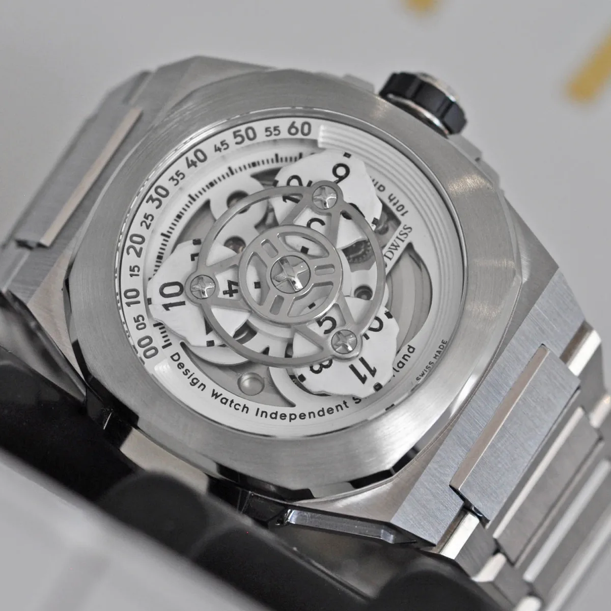 Close-up of DWISS M3W Wandering Hour dial in different colors