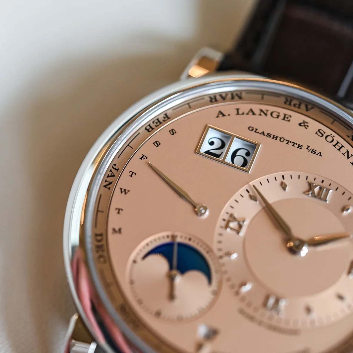 Close-up of the moon phase indicator on the A. Lange & Söhne Lange 1 Perpetual Calendar