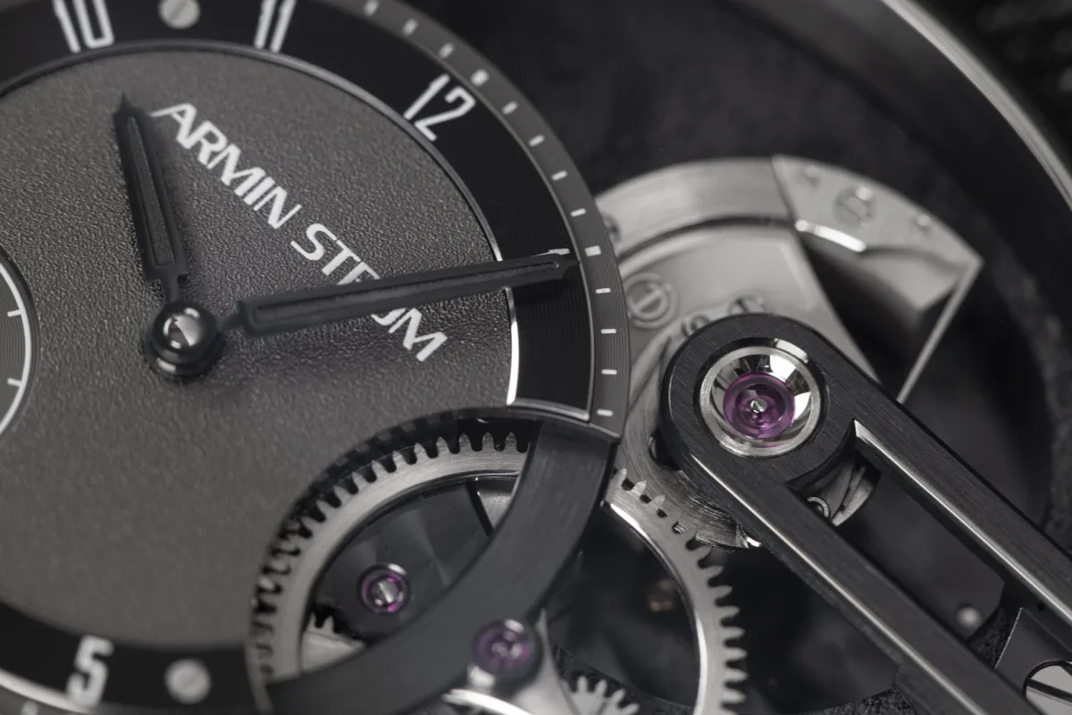 Close-up of the Armin Strom watch's blackened bridges