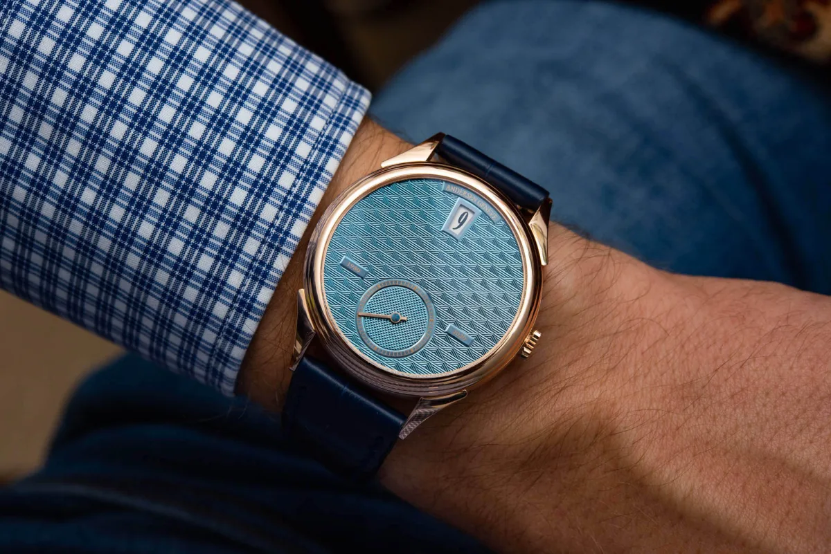 Andersen Geneve Jumping Hours 40th Anniversary watch with guilloché dial.