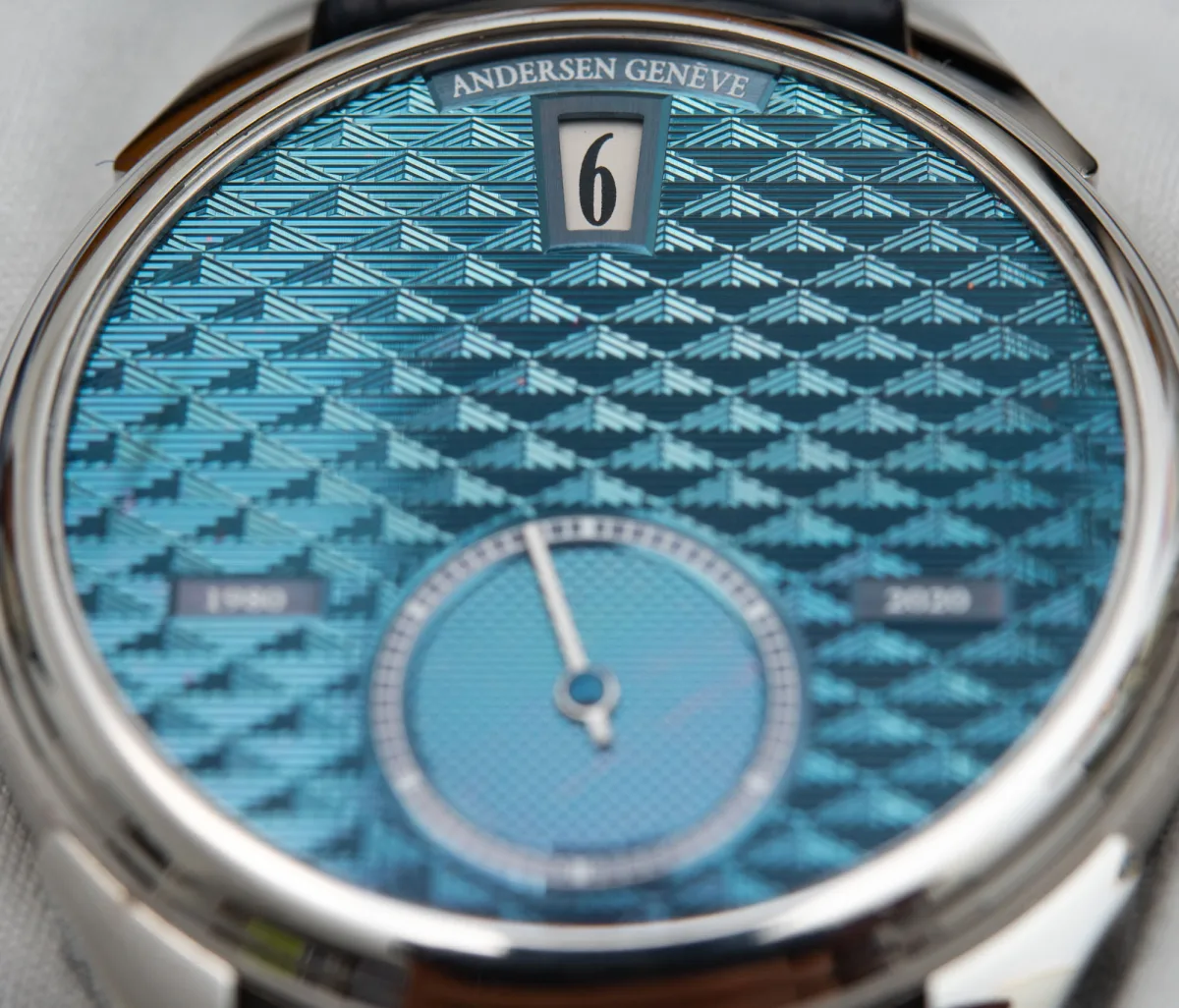 Guilloché dial of Andersen Geneve Jumping Hours watch.