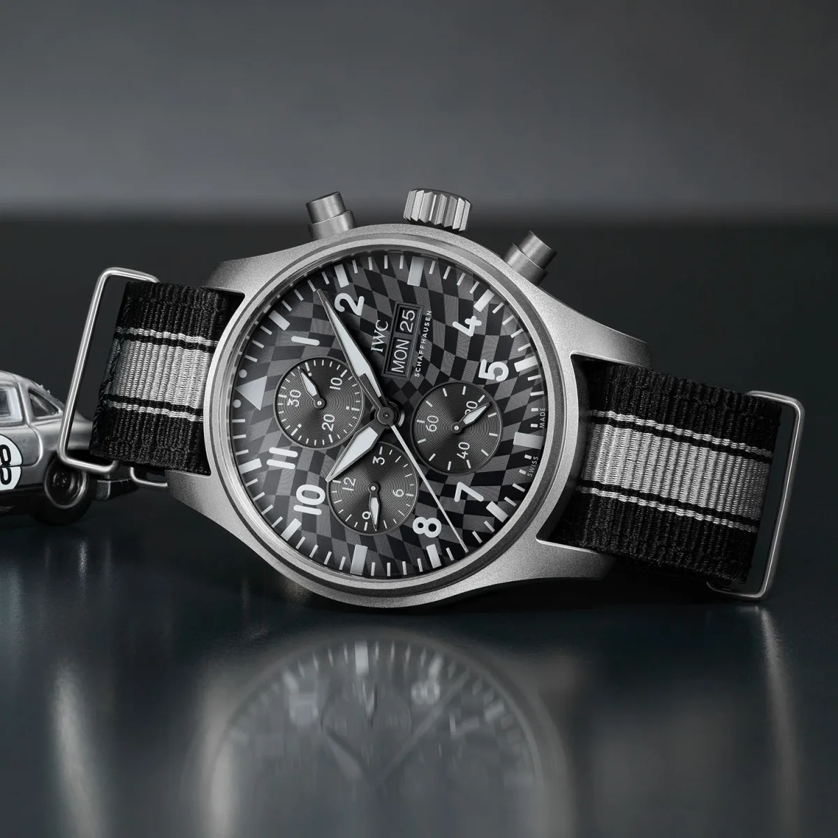 Close-up of the IWC Pilot’s Watch Chronograph dial with racing flag pattern