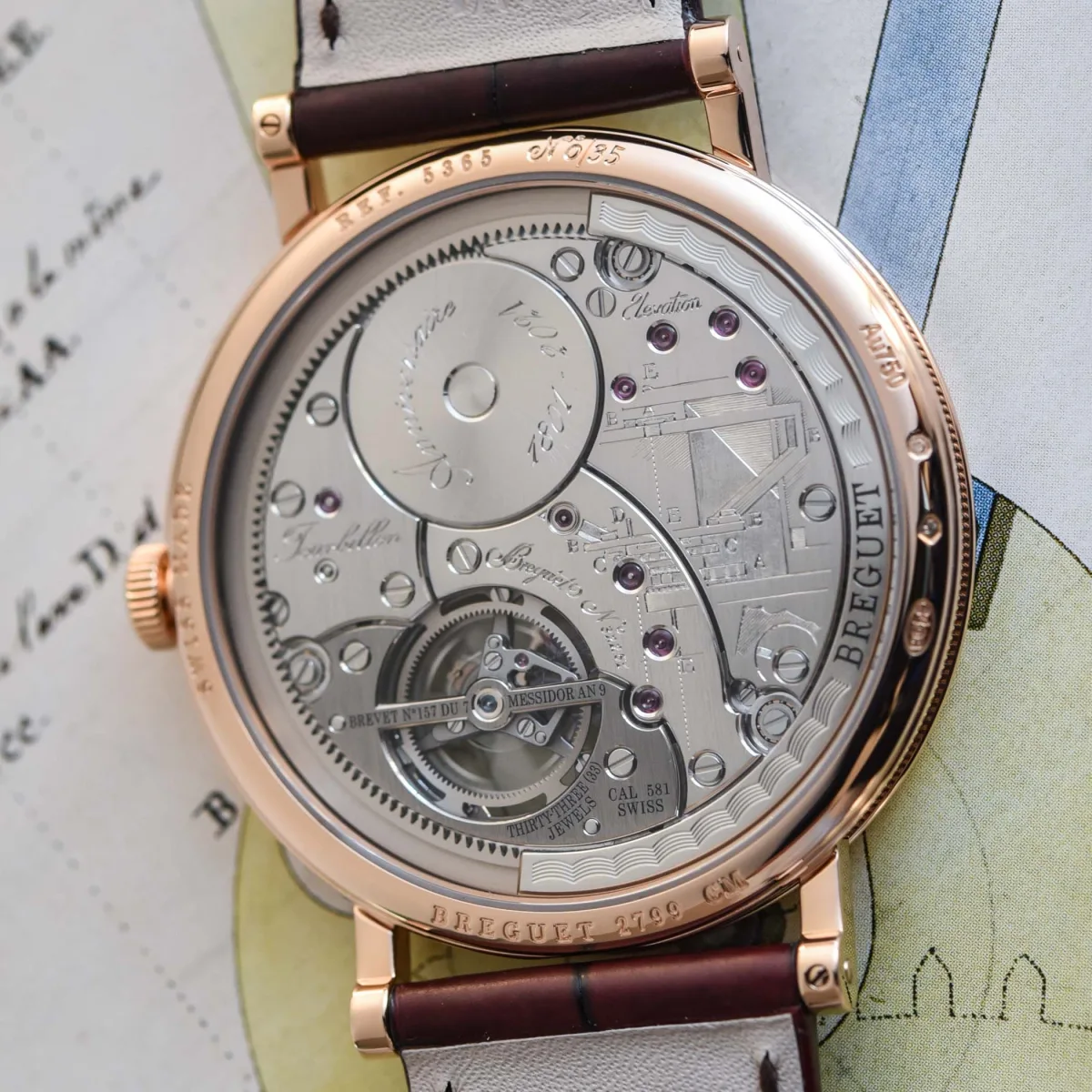 Close-up of Breguet watch movement with hand-engraved decoration