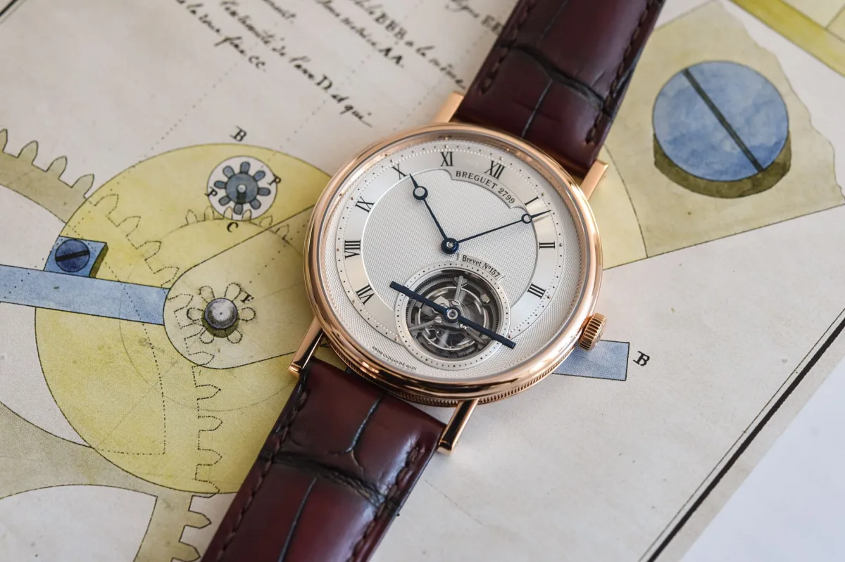 Close-up of Breguet watch dial and guilloché pattern