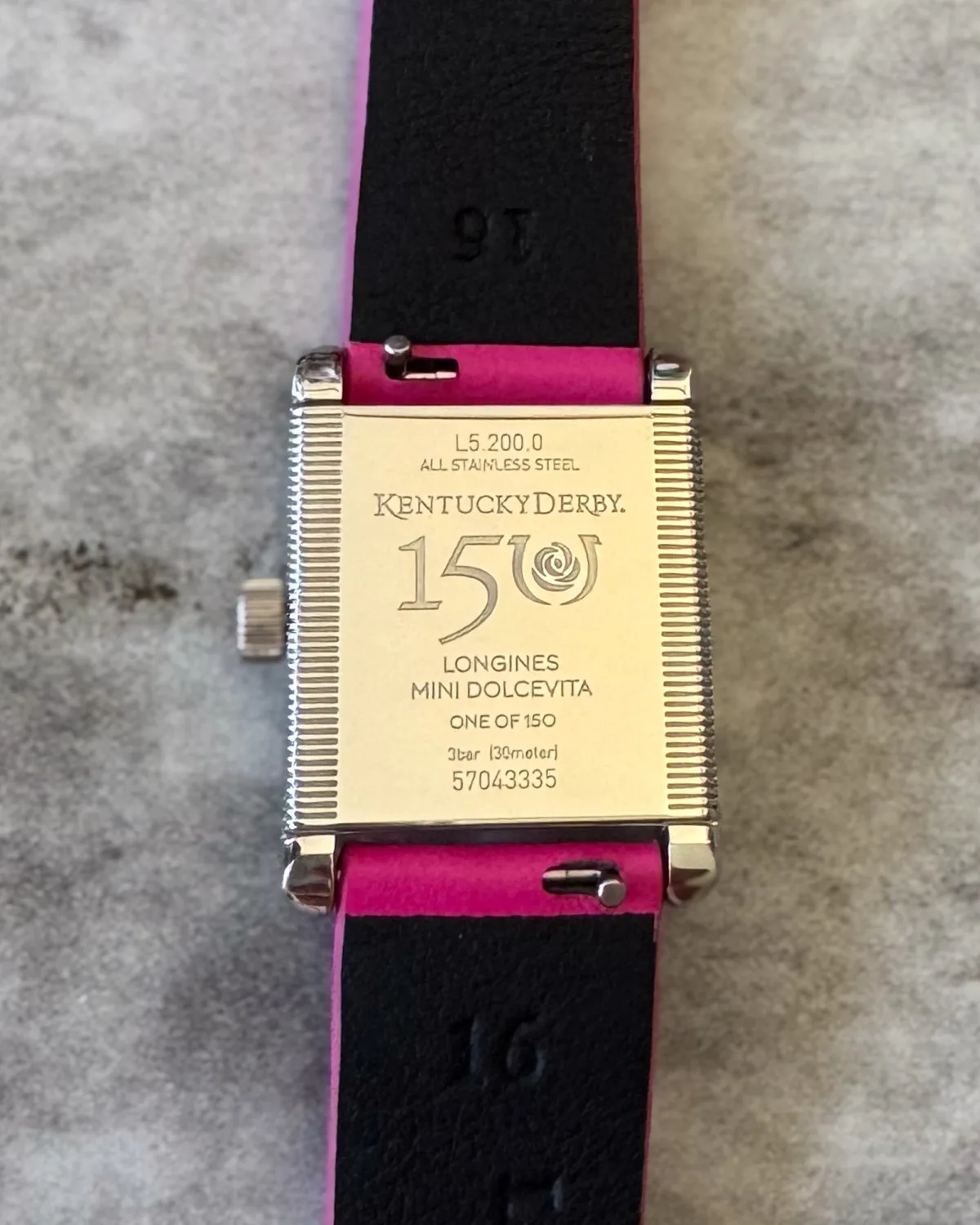 Engraved case back of Longines Mini DolceVita watch
