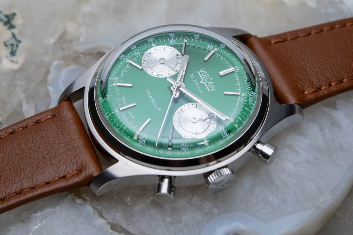 Close-up of Vulcain Chronograph Green dial
