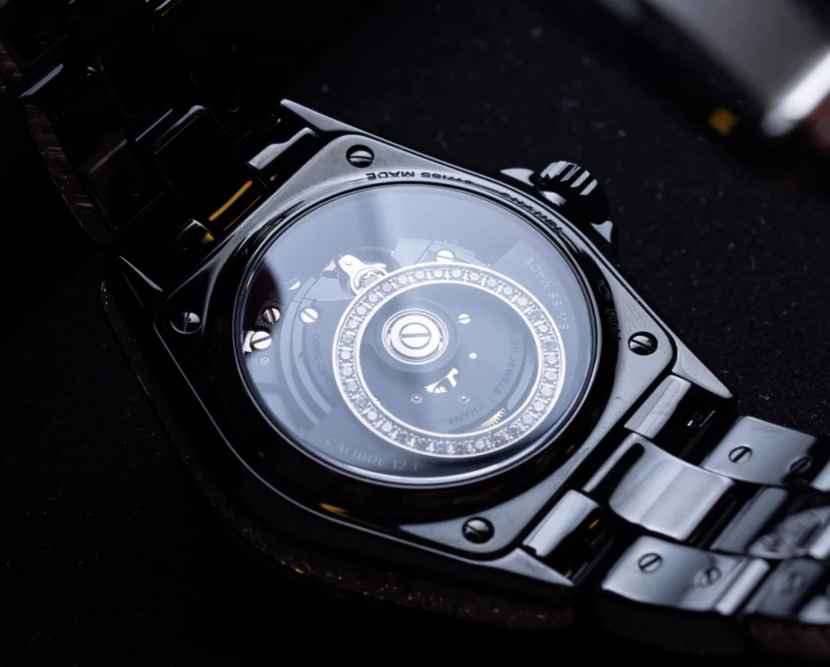 Close-up of Chanel J12 White Star Couture diamonds
