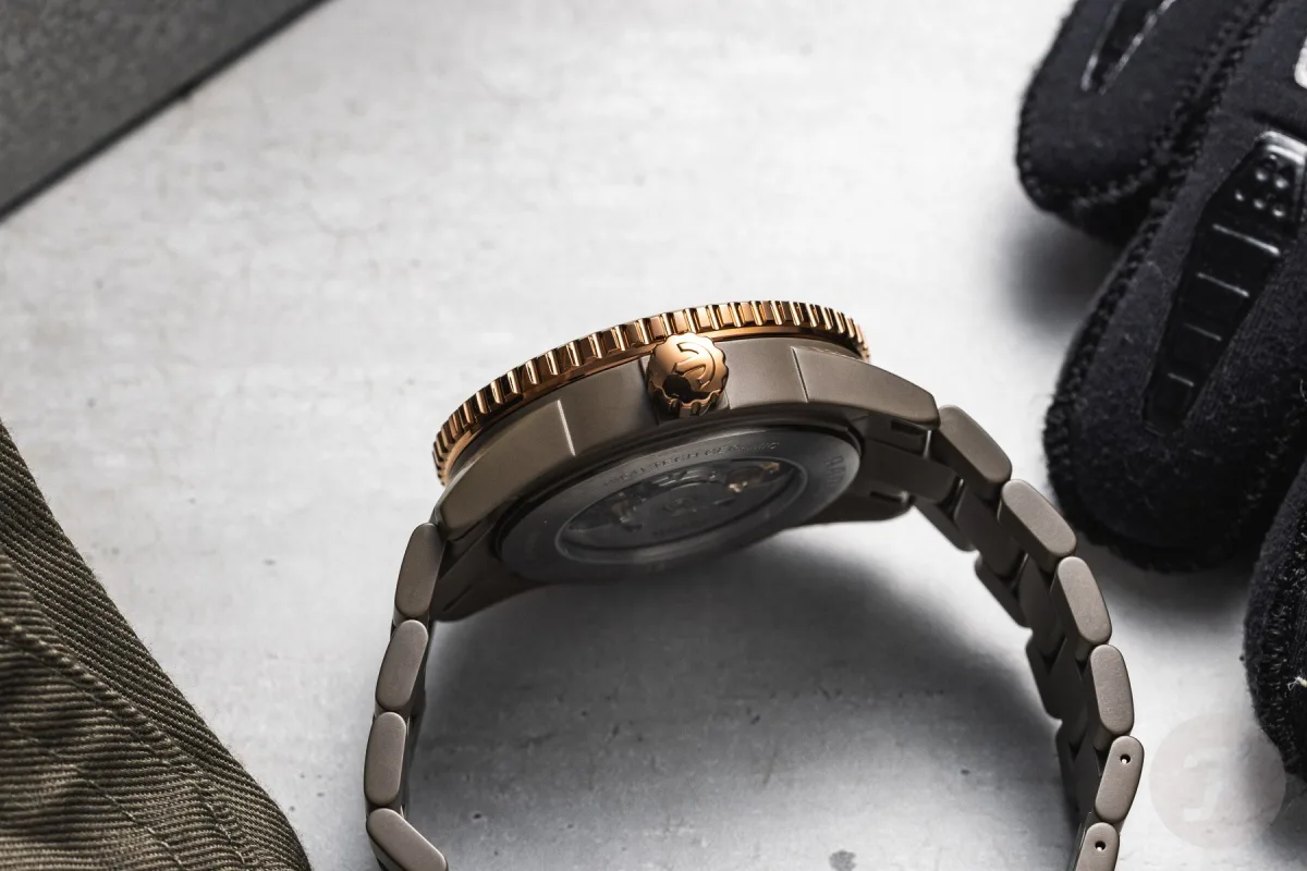 Close-up of Rado Captain Cook skeletonized mechanism and pink gold accents