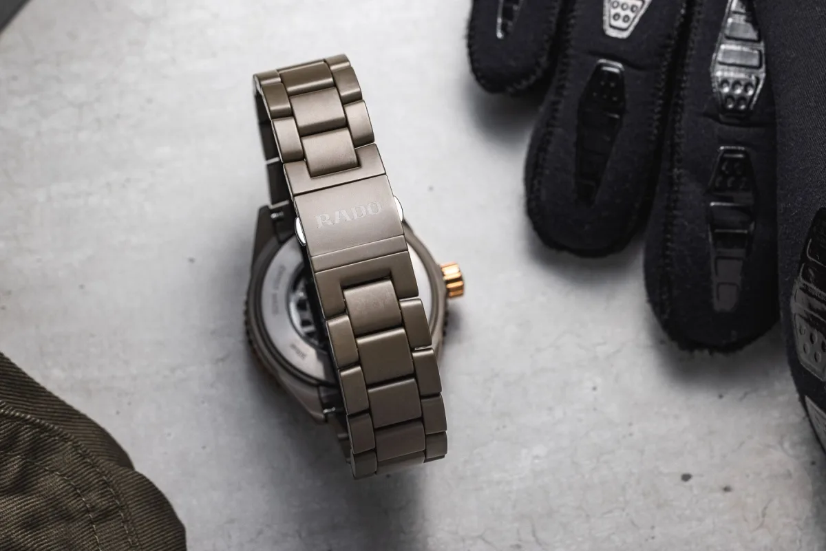 Rado R808 skeletonized movement with pink gold bridge