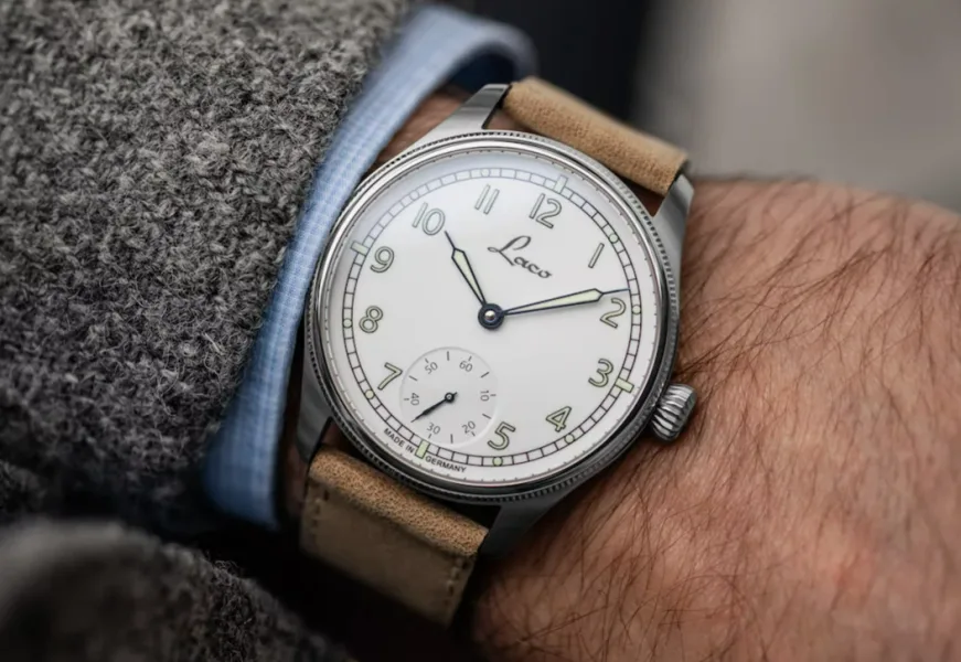 Laco Valencia 39mm with a calf leather strap and luminescent dial.