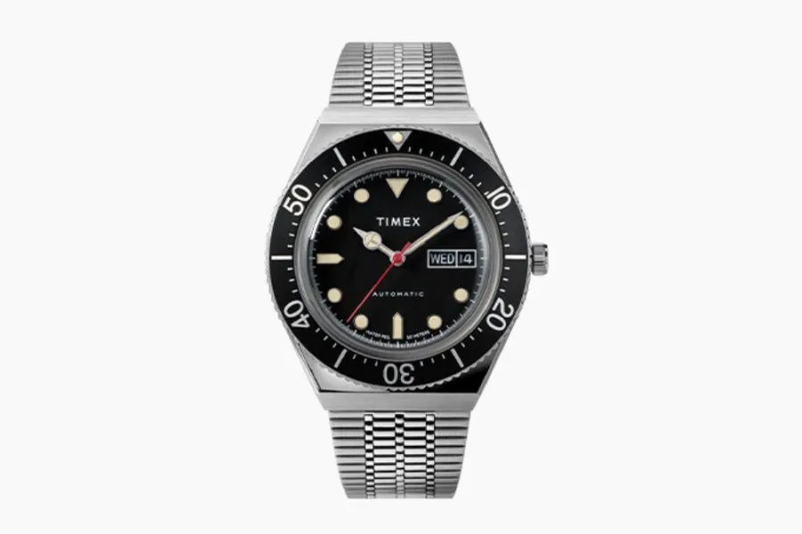 Close-up of Timex M79 Automatic watch with retro aesthetics.