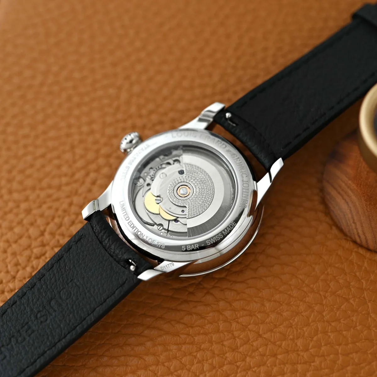Back view of Louis Erard Régulateur x Cédric Johner with decorated rotor