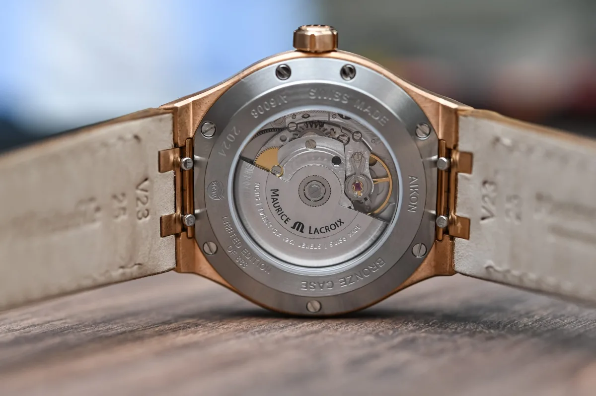 Case back view of Aikon Automatic Bronze showing movement