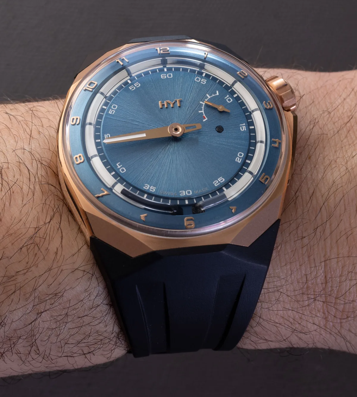 Close-up of HYT T1's futuristic design and dial