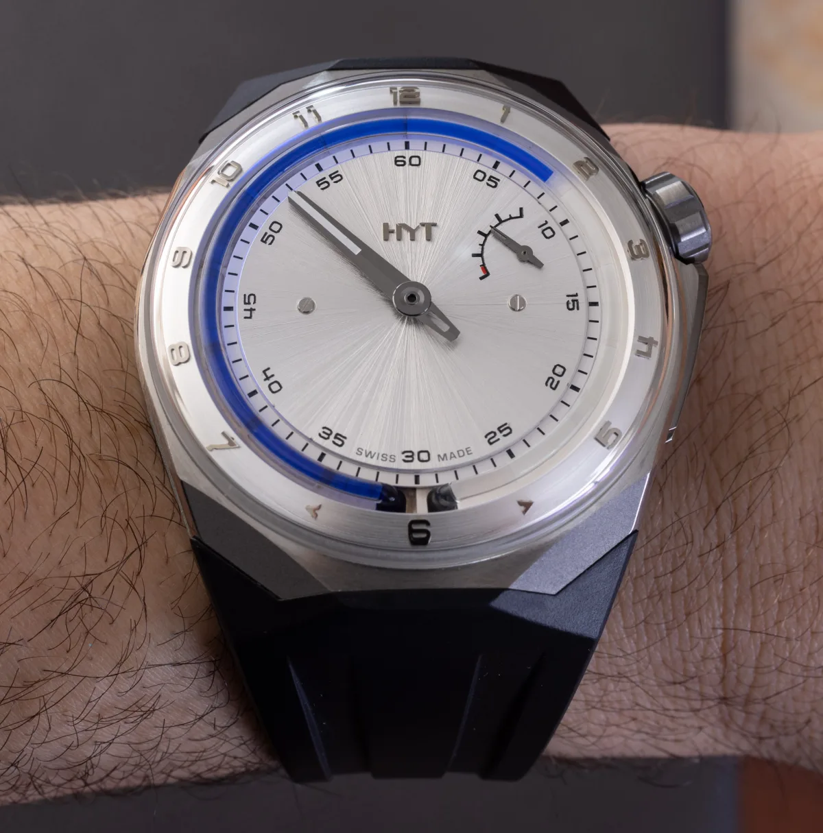 HYT T1 watch on wrist, showcasing sleek design