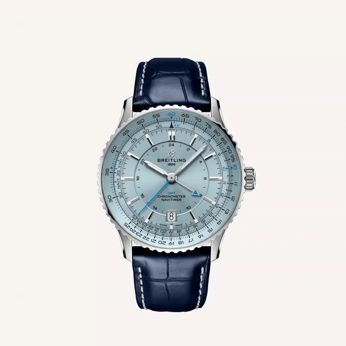 Breitling Navitimer Automatic GMT watch with steel case and light blue dial