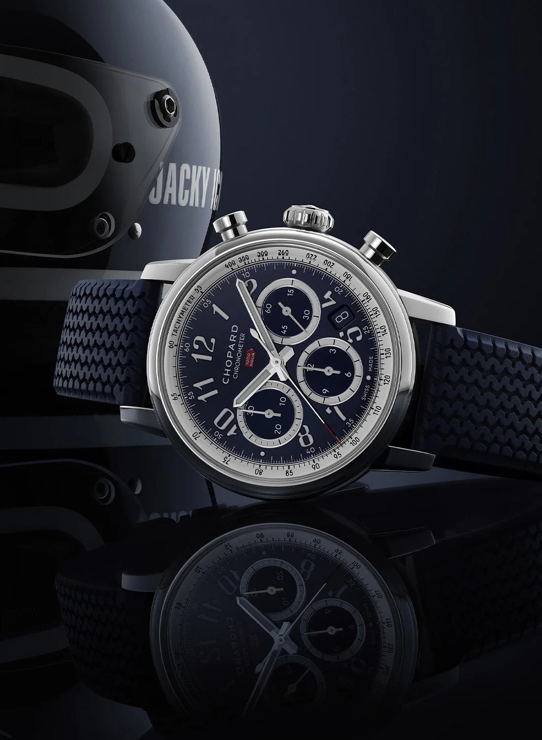 Midnight blue lacquered dial with tachymeter scale