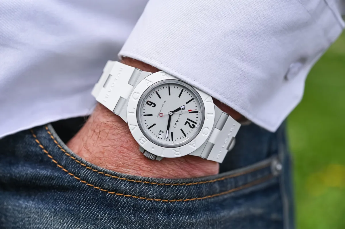 Close-up of Bulgari Aluminium White Automatic watch