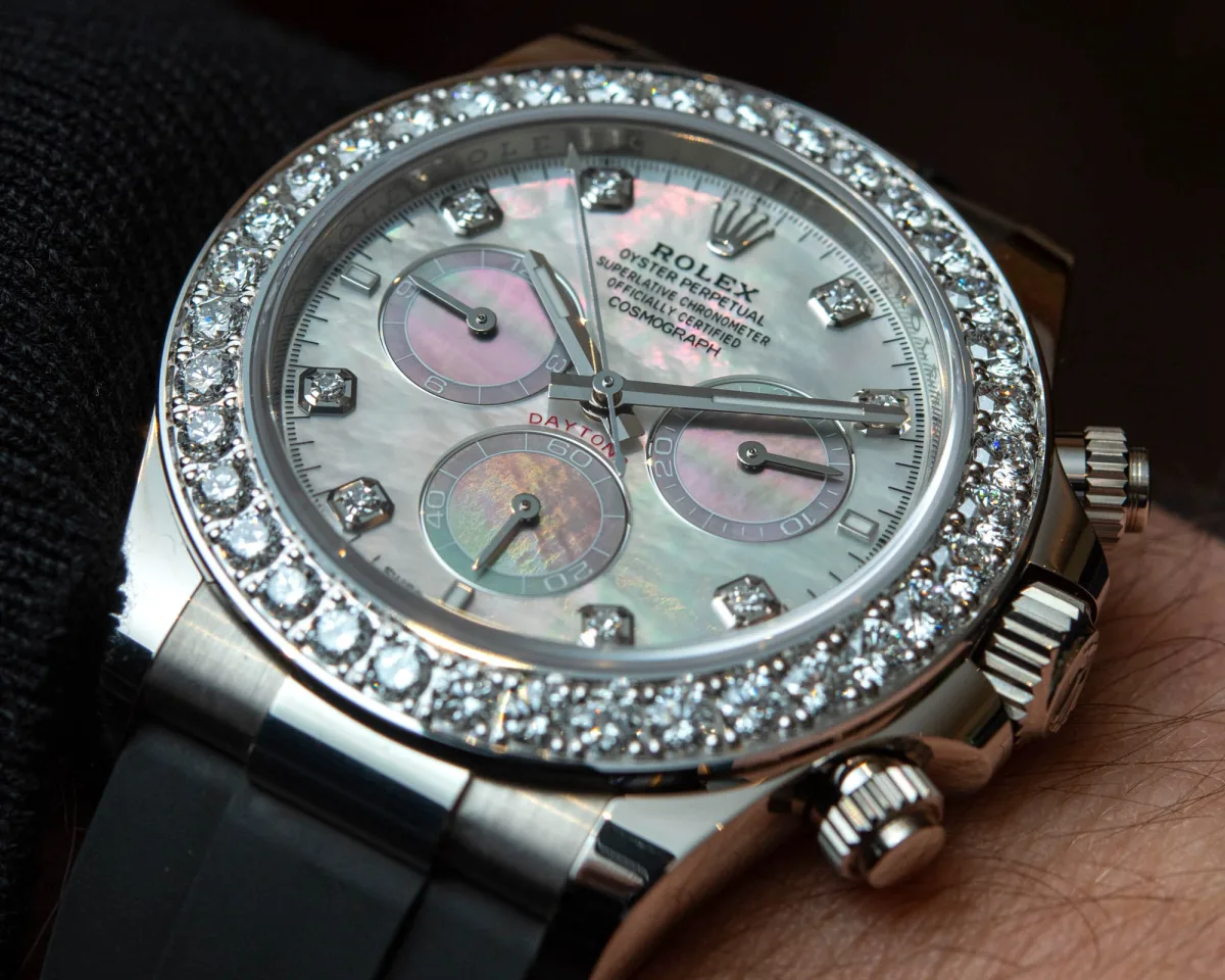 Side view of Rolex Daytona with diamond bezel