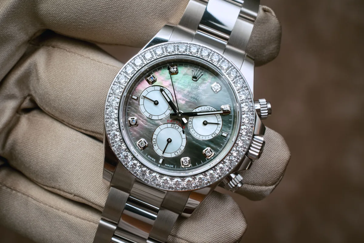 Detail of diamond-set Rolex Daytona bezel