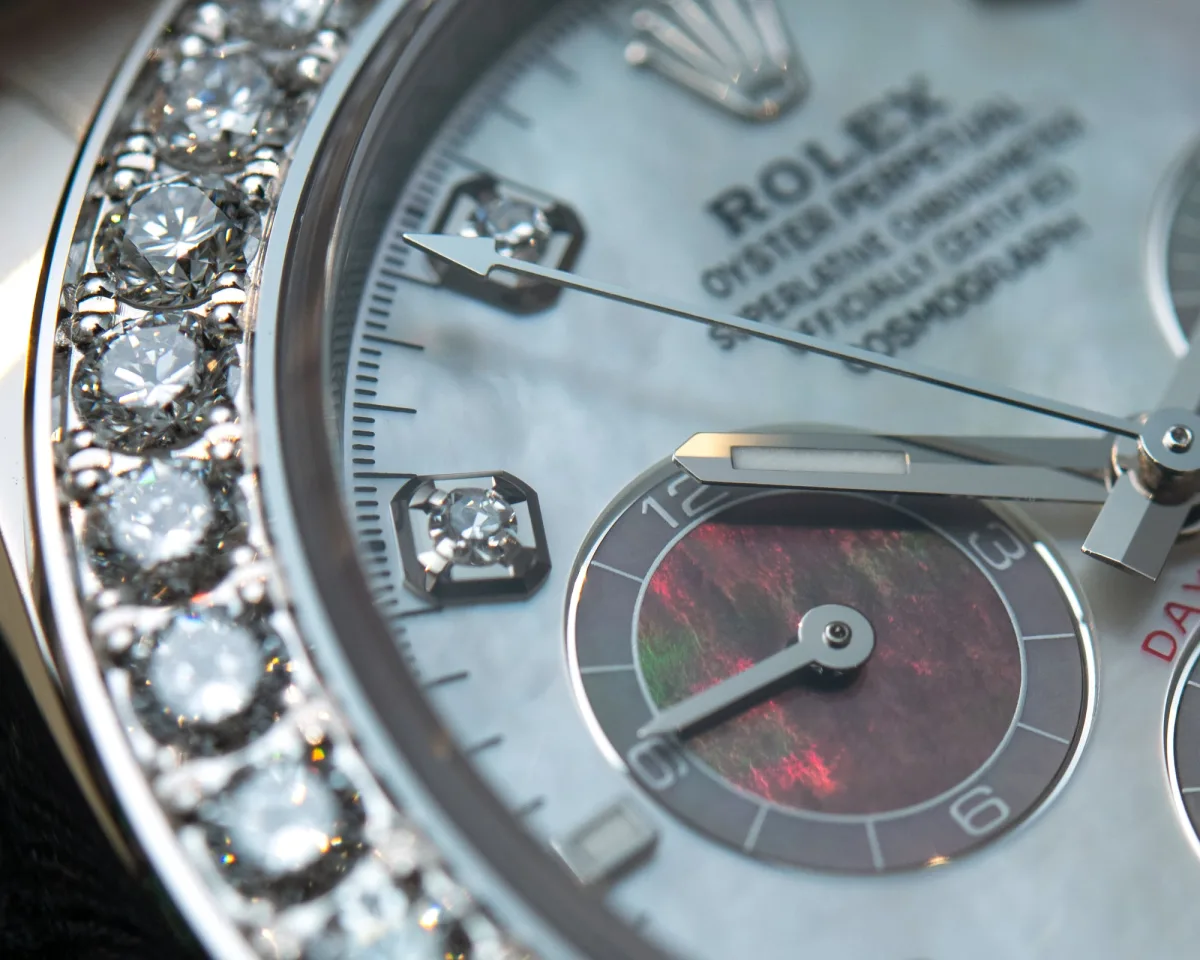 Close-up of Rolex Daytona's mother-of-pearl dial