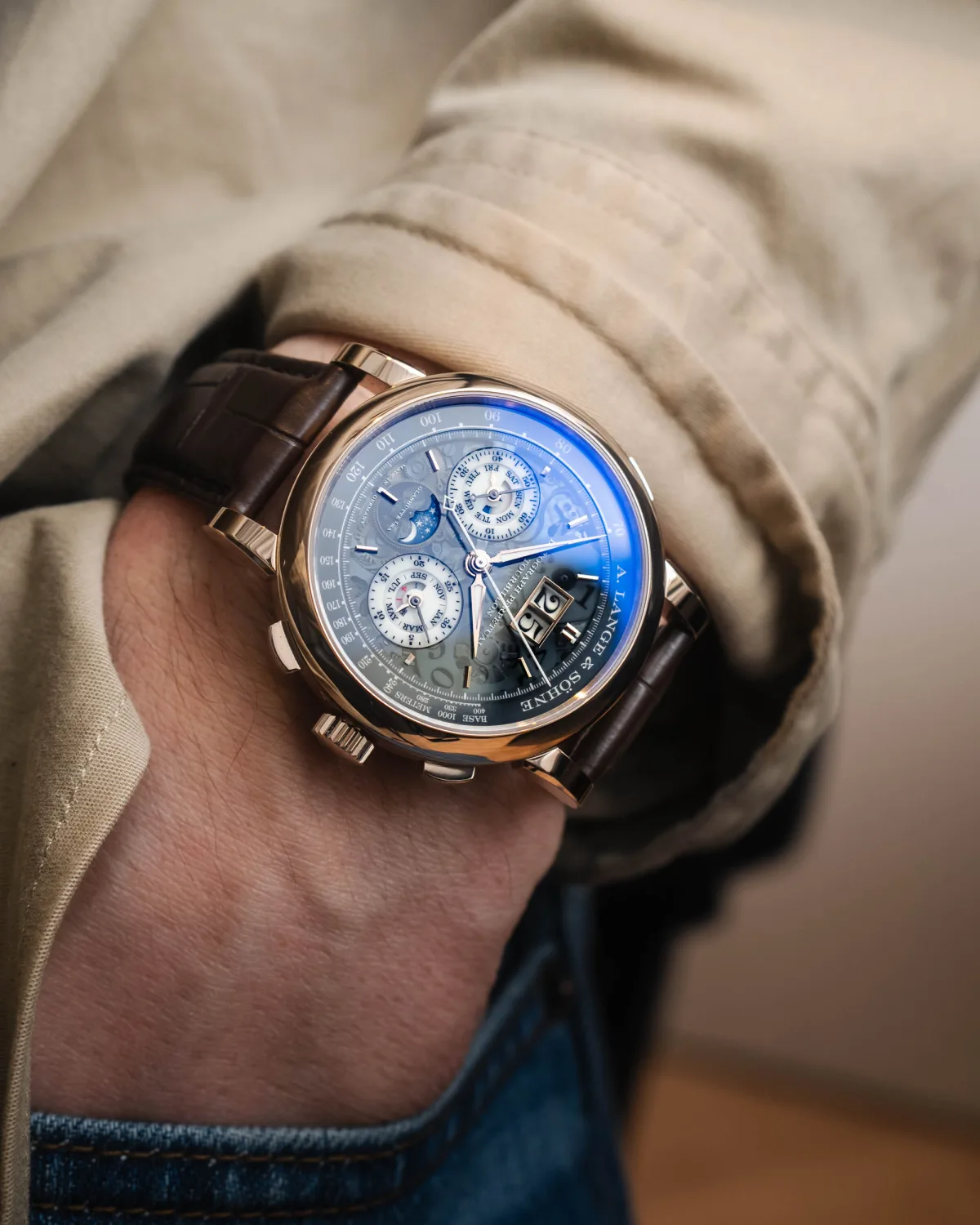 A. Lange & Söhne Datograph Perpetual Tourbillon Honeygold 'Lumen' watch on display