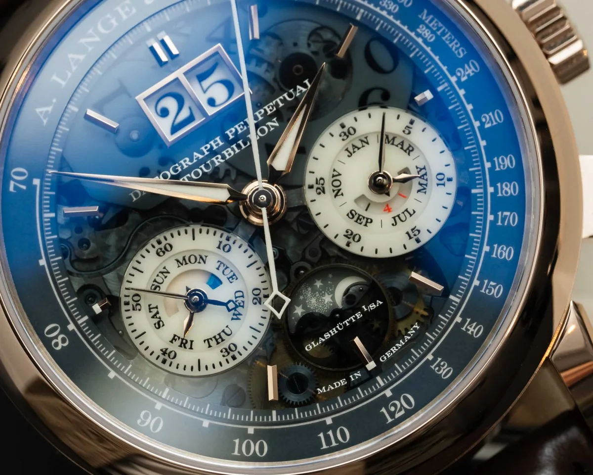 Close-up of the A. Lange & Söhne Datograph Perpetual Tourbillon Honeygold 'Lumen' dial